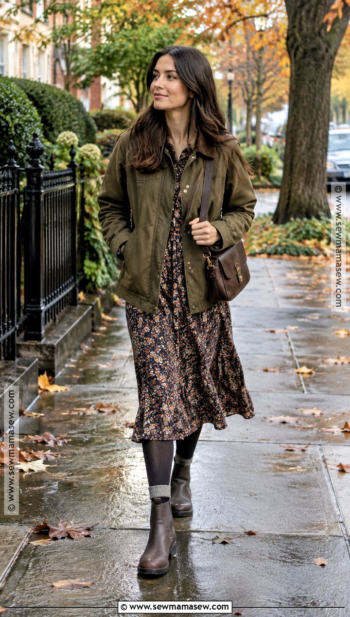 Printed Summer Dress With Barn Jacket And Rain Boots - 15 styling summer dresses for fall