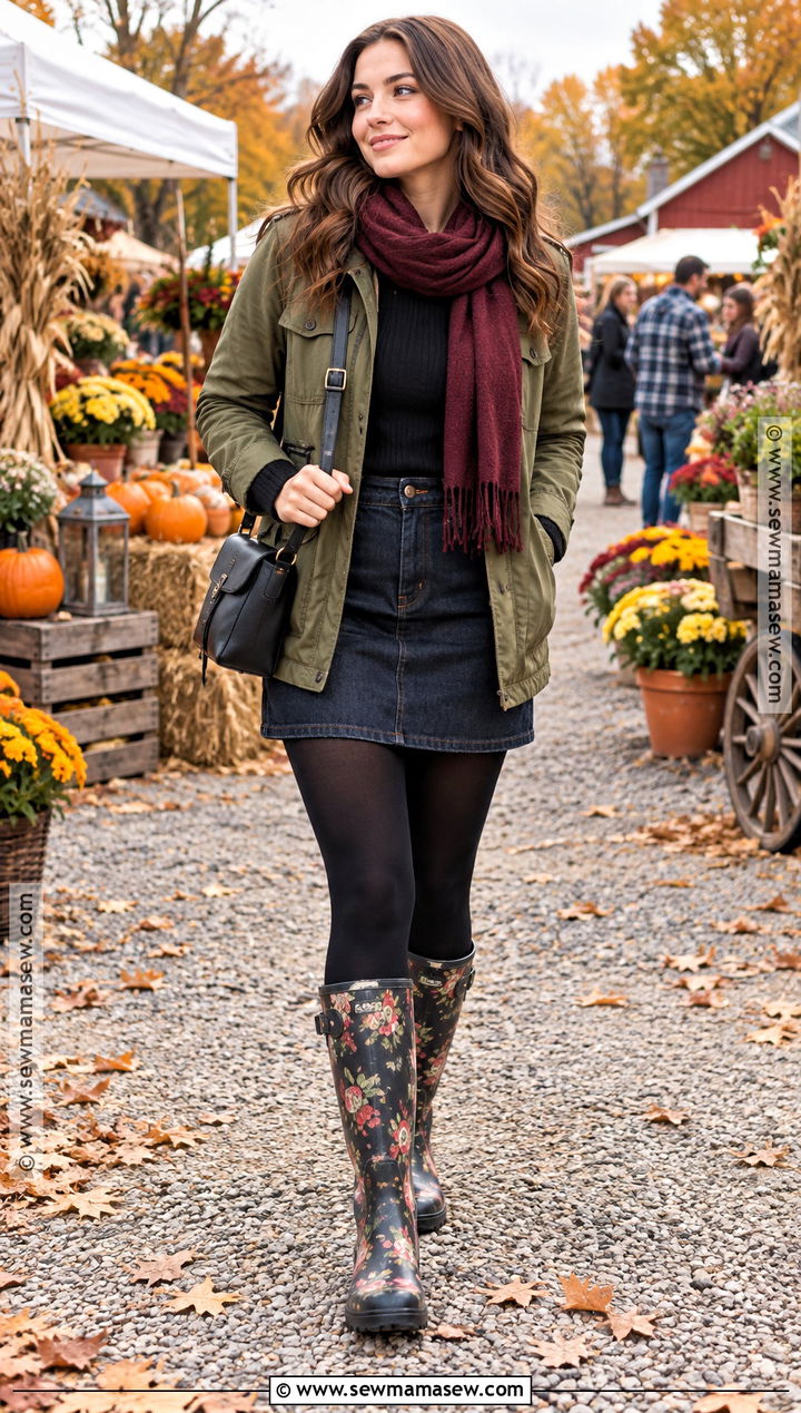 Printed Wellies With Denim Skirt And Utility Jacket - 15 wellies outfit autumn ideas
