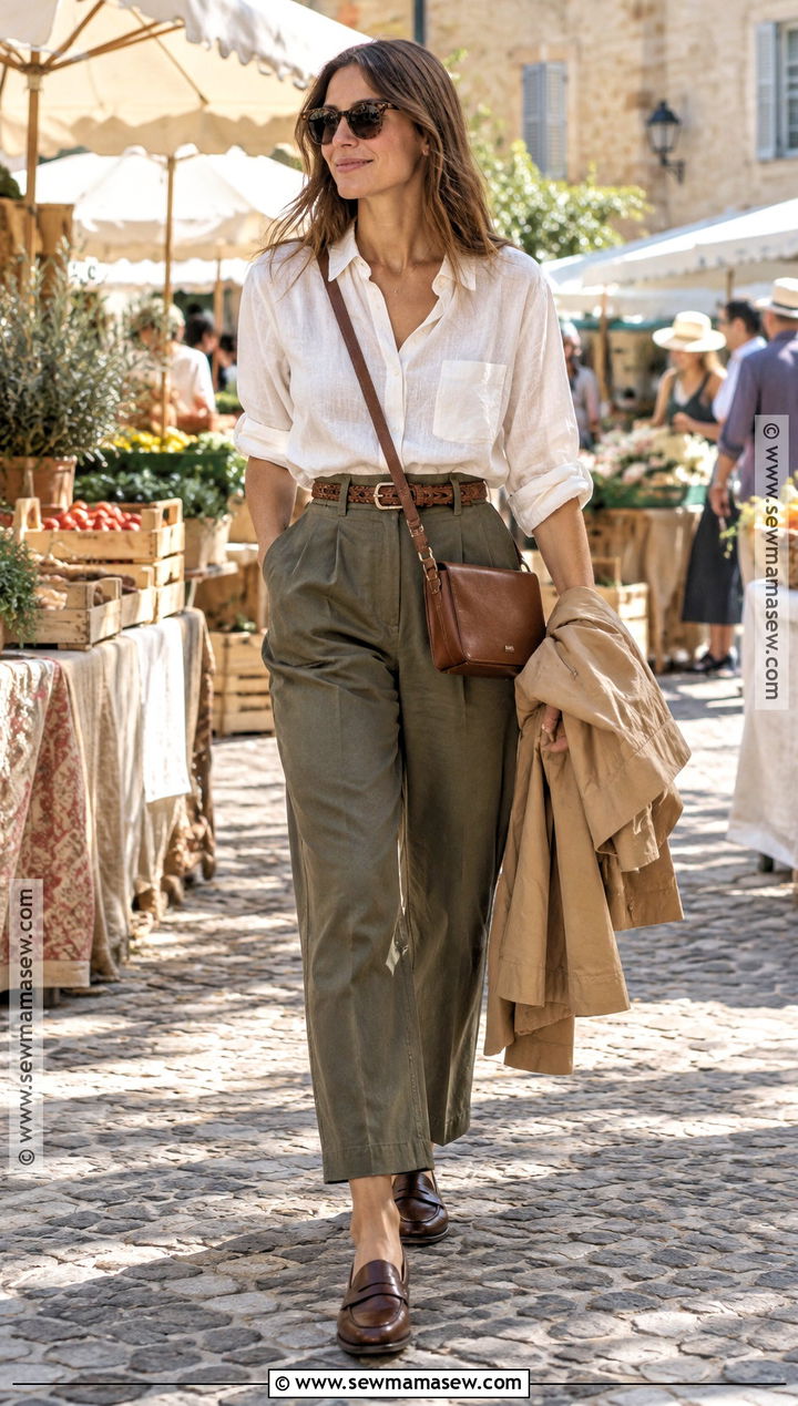 Provence Linen Shirt And Tailored Pants Outfit - 15 Provence Outfit Fall Ideas