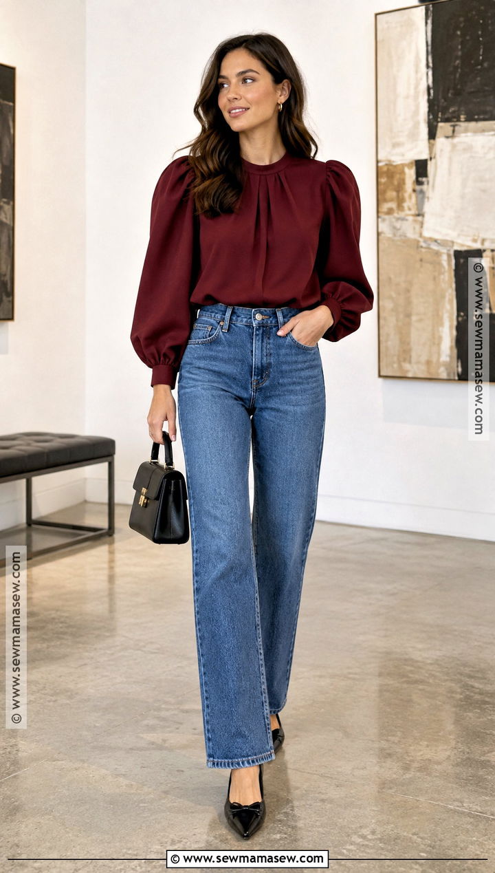 Puff Sleeve Blouse With High Waisted Jeans Outfit - 25 autumn outfits 2026 trends