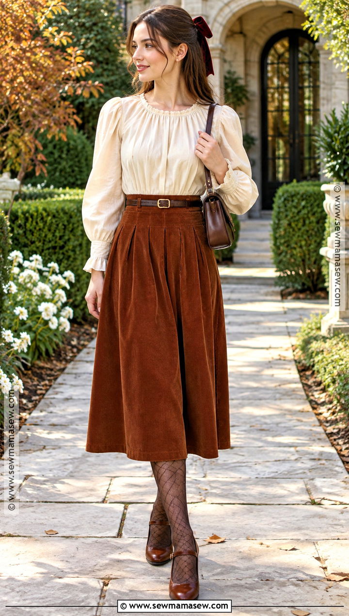 Puff Sleeve Blouse and Corduroy Skirt Fall Outfit - 25 whimsical fall outfits