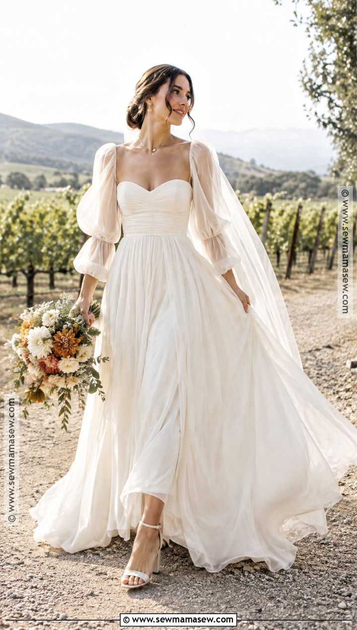 Puff Sleeve Chiffon Fall Wedding Dress - 15 Fall Wedding Dress Styles