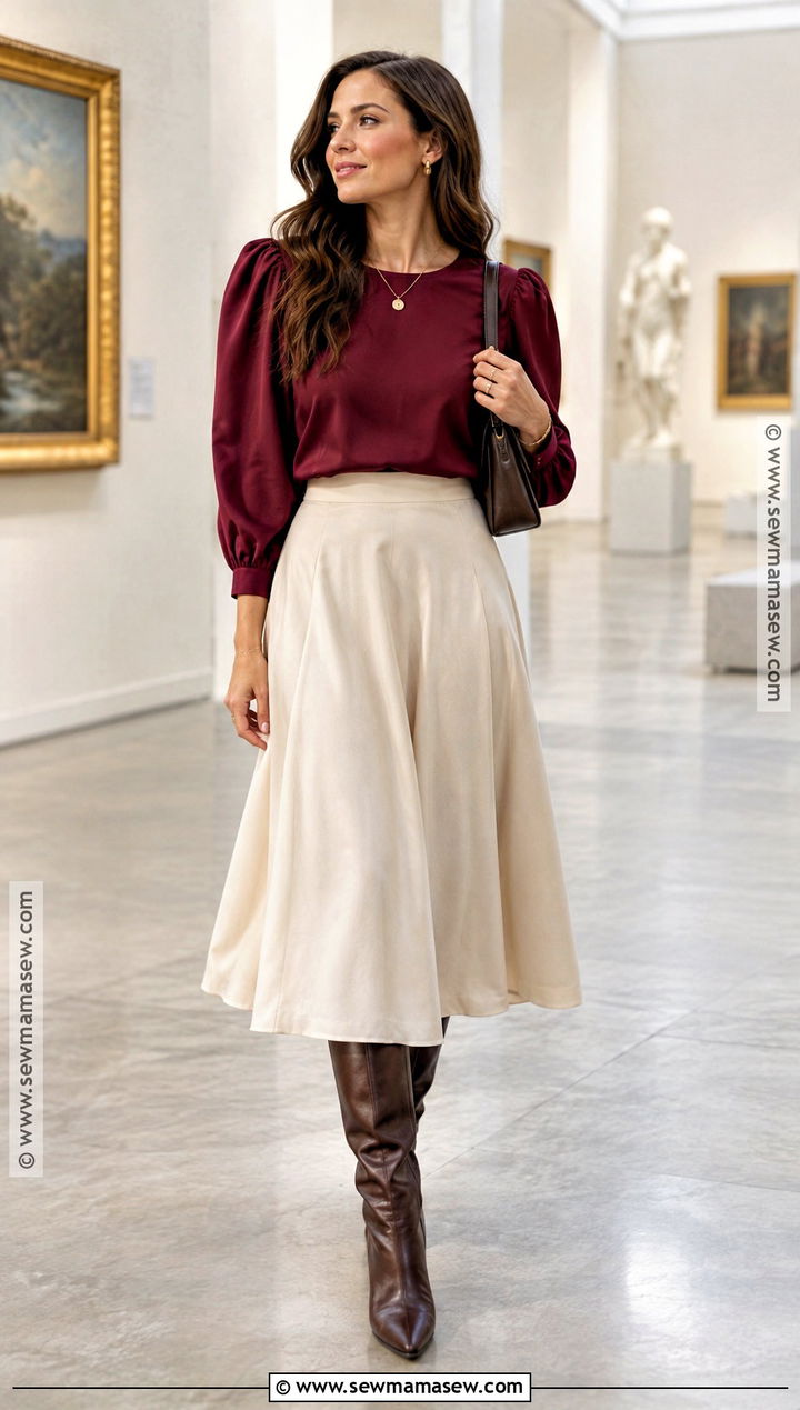 Puff Sleeve Fall Shirt With Midi Skirt - 20 cute fall shirts