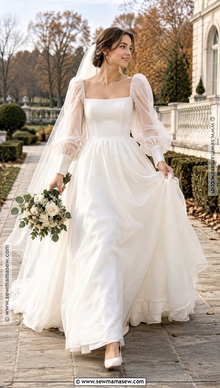 Puff Sleeve Organza A Line Wedding Dress - 15 Late Fall Wedding Dress Ideas