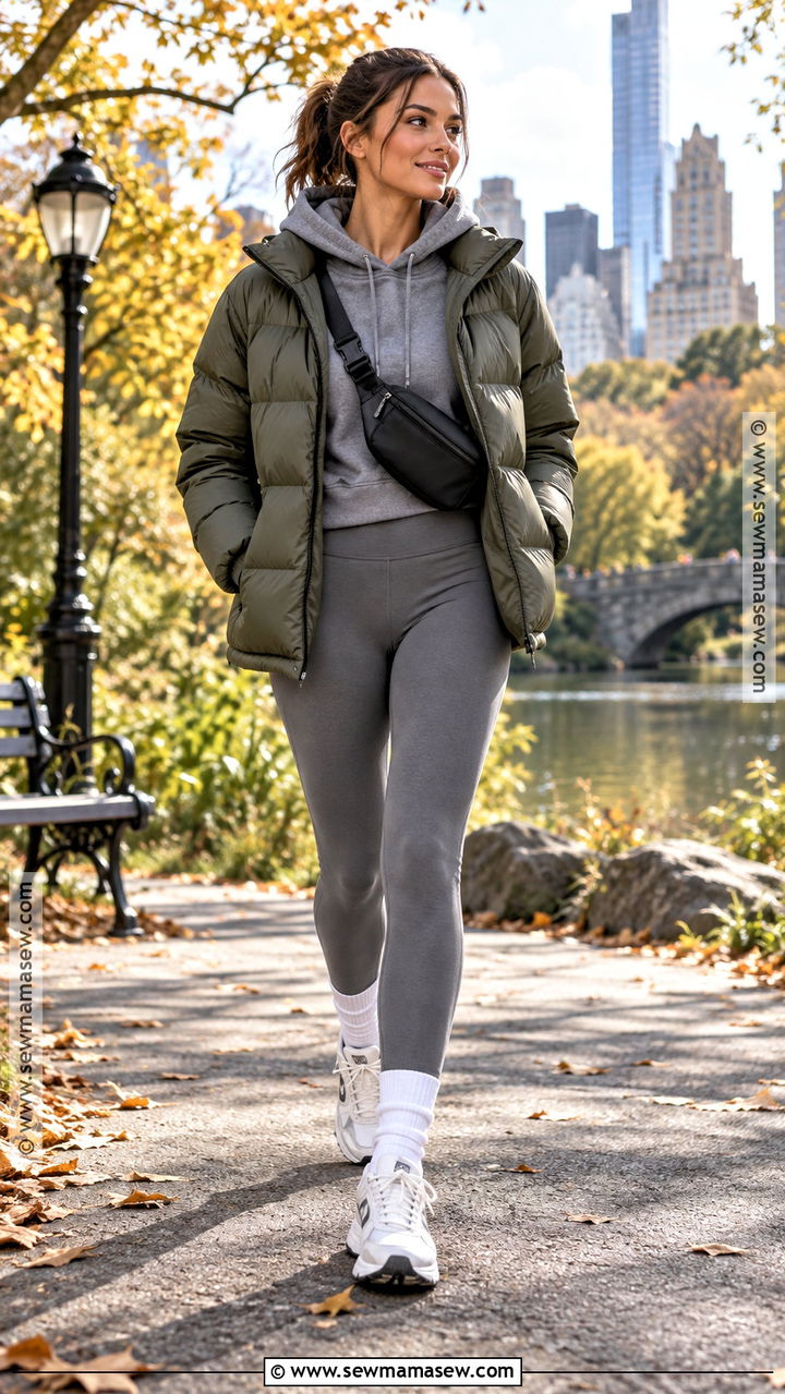 Puffer Coat With Hoodie And Leggings - 20 Coat Fall Outfit Ideas