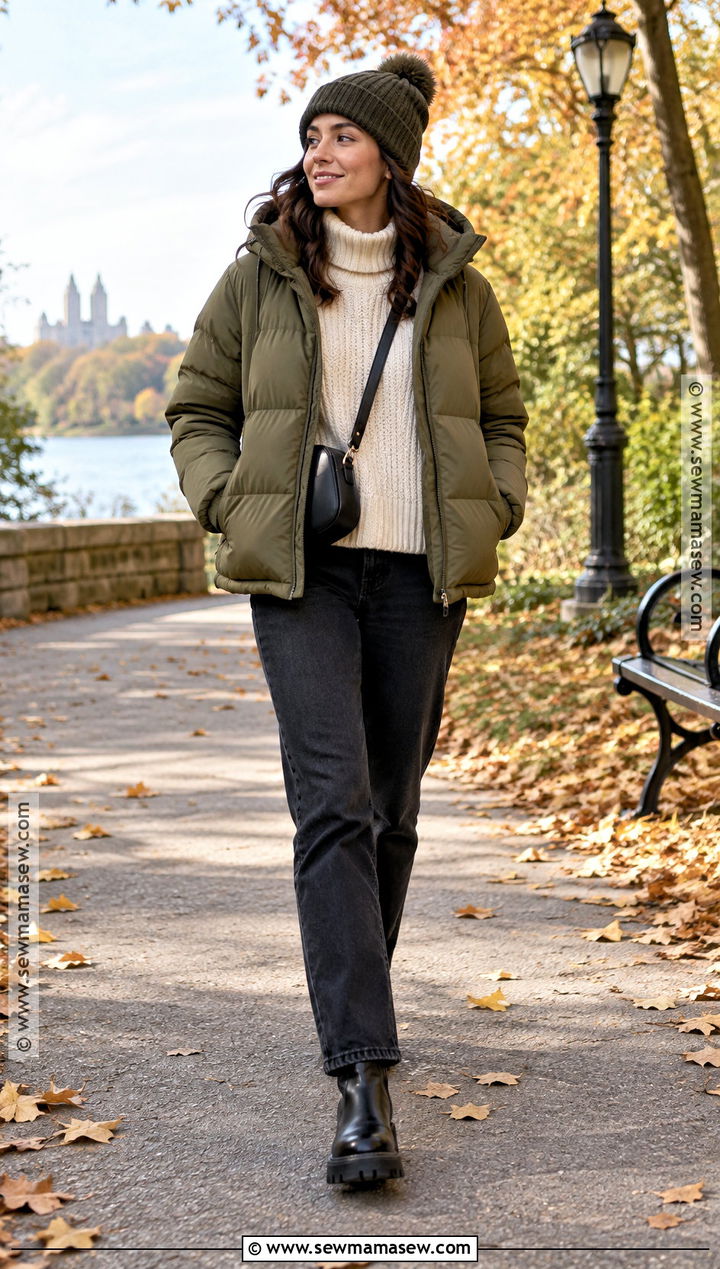 Puffer Coat With Sweater And Straight Jeans - 20 Fall Outfits Coat