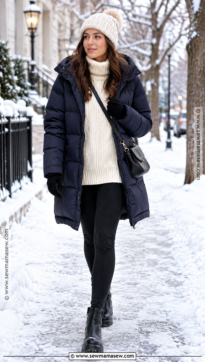 Puffer Coat With Sweater and Leggings Winter Capsule Outfit - 25 fall winter capsule wardrobe ideas
