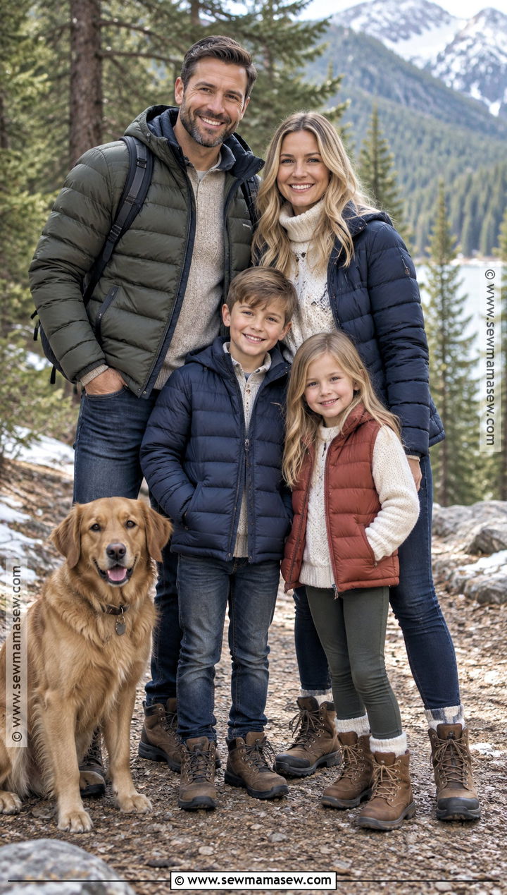 Puffer Jacket And Denim Family Photo Outfits - 20 fall winter family photo outfits