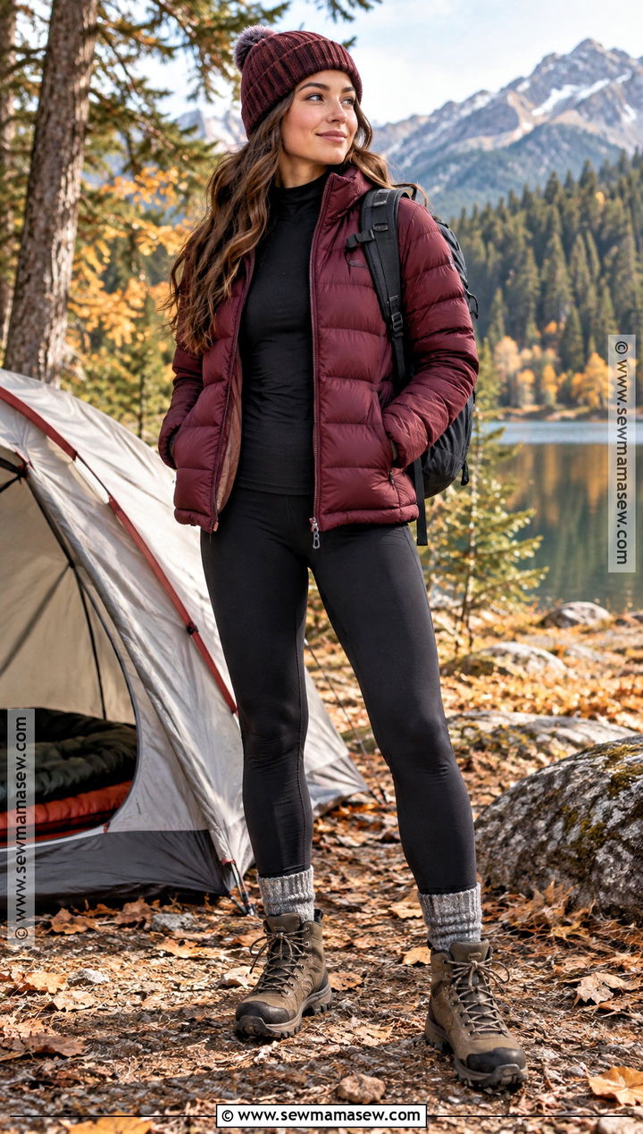Puffer Jacket And Fleece Lined Leggings Fall Camping Outfit - 25 fall camping outfits