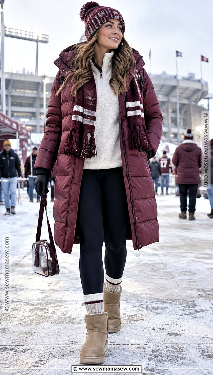 Puffer Jacket And Fleece Lined Leggings Football Outfit - 20 cute fall football game outfits