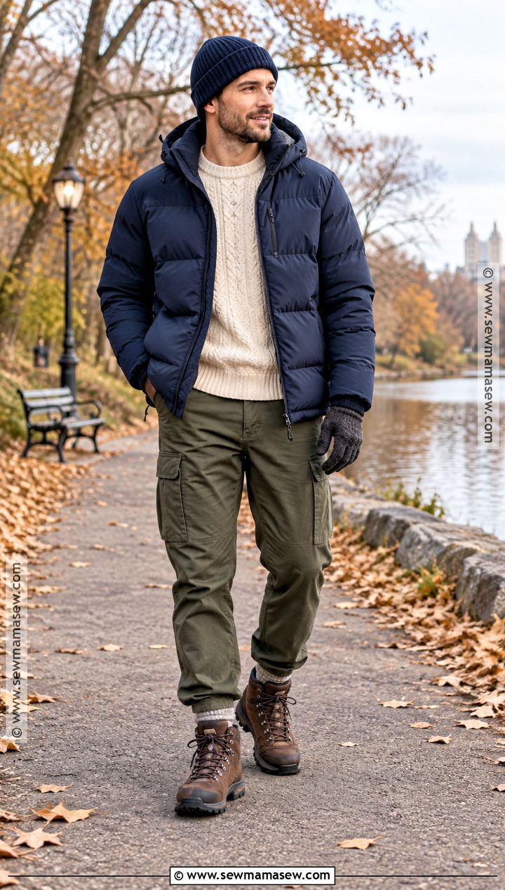 Puffer Jacket And Knit Sweater Fall Outfit - 20 mens fall outfit ideas
