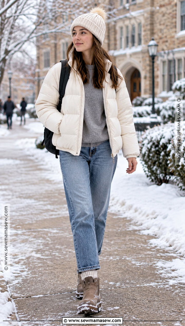 Puffer Jacket And Straight Jeans College Outfit - 20 back to school fits college