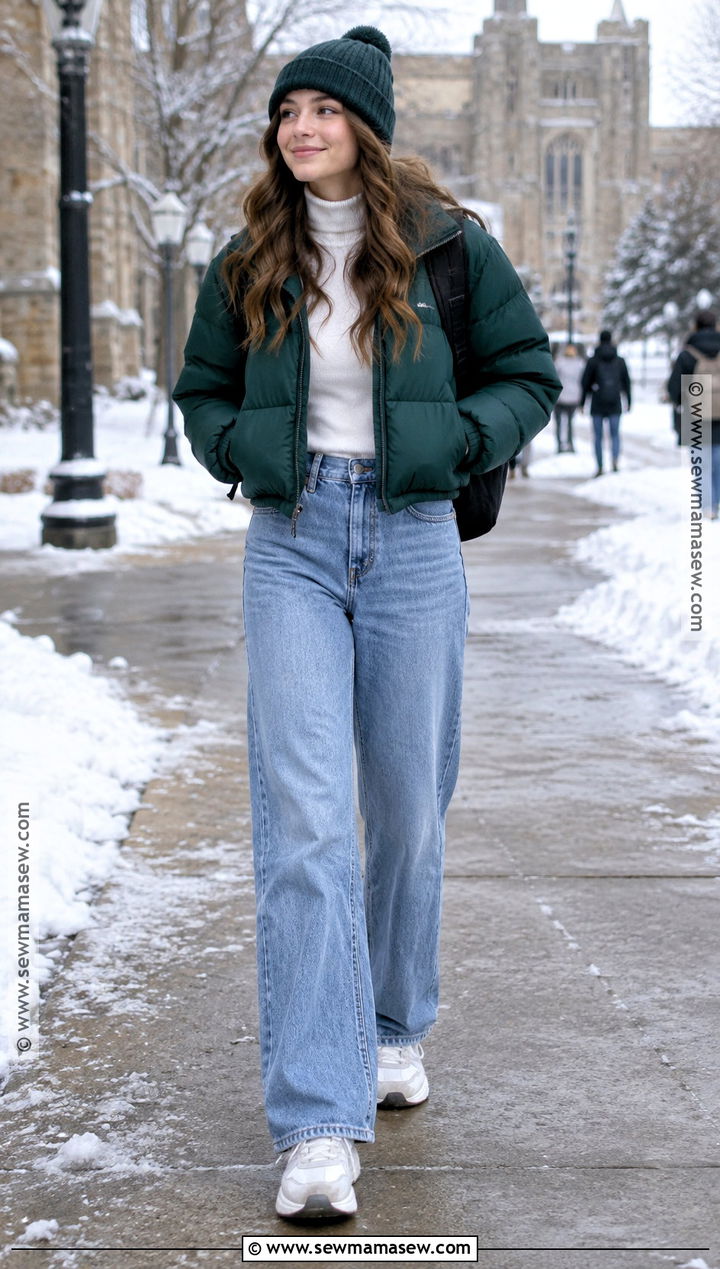 Puffer Jacket And Wide Leg Jeans Outfit - 20 Back To School After Winter Break Outfit Ideas