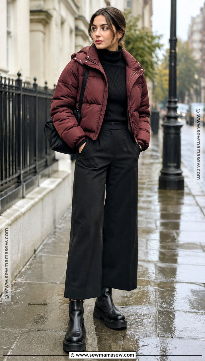 Puffer Jacket And Wide Leg Pants Outfit - 15 fall rainy day outfits comfy