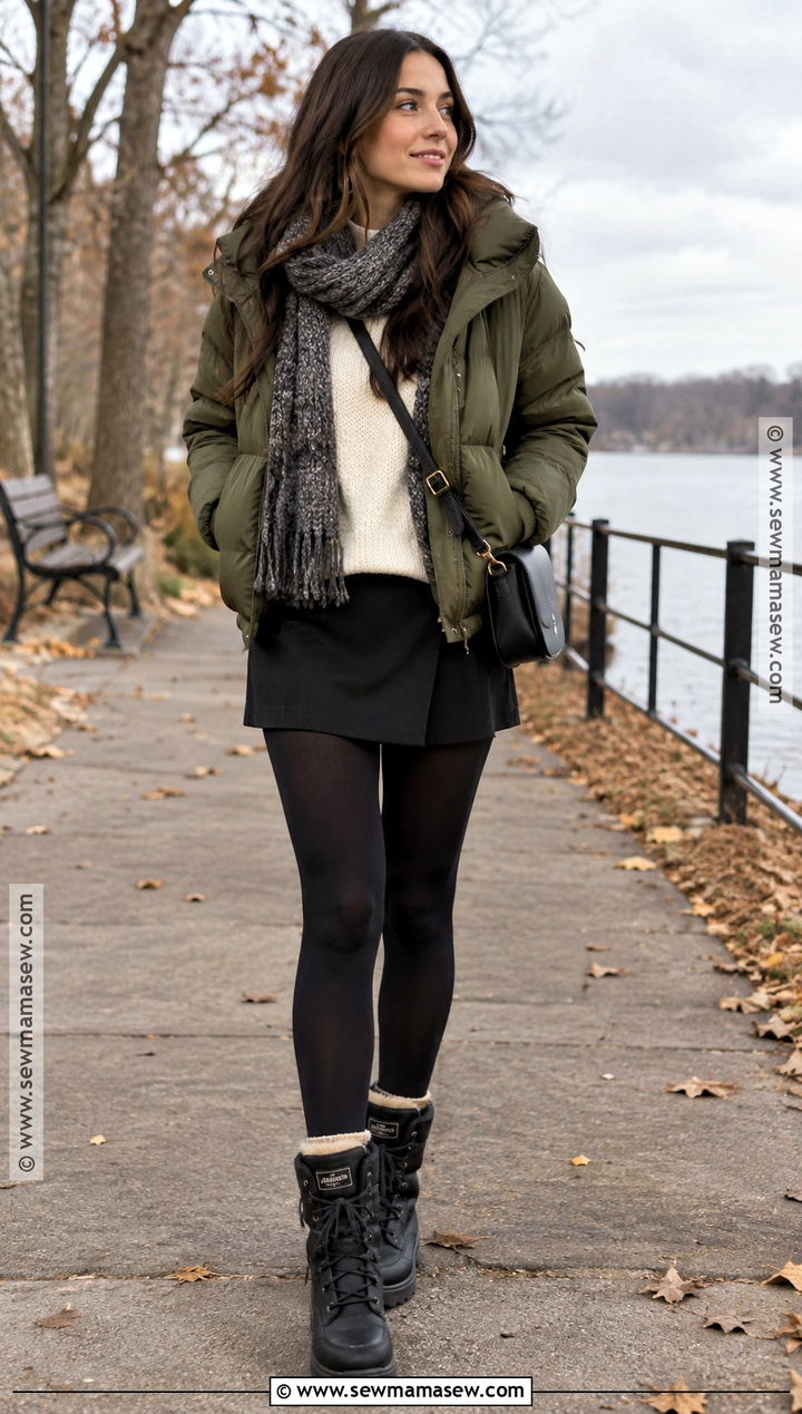 Puffer Jacket Mini Skirt Outfit With Winter Boots - 20 fall mini skirt outfits with boots
