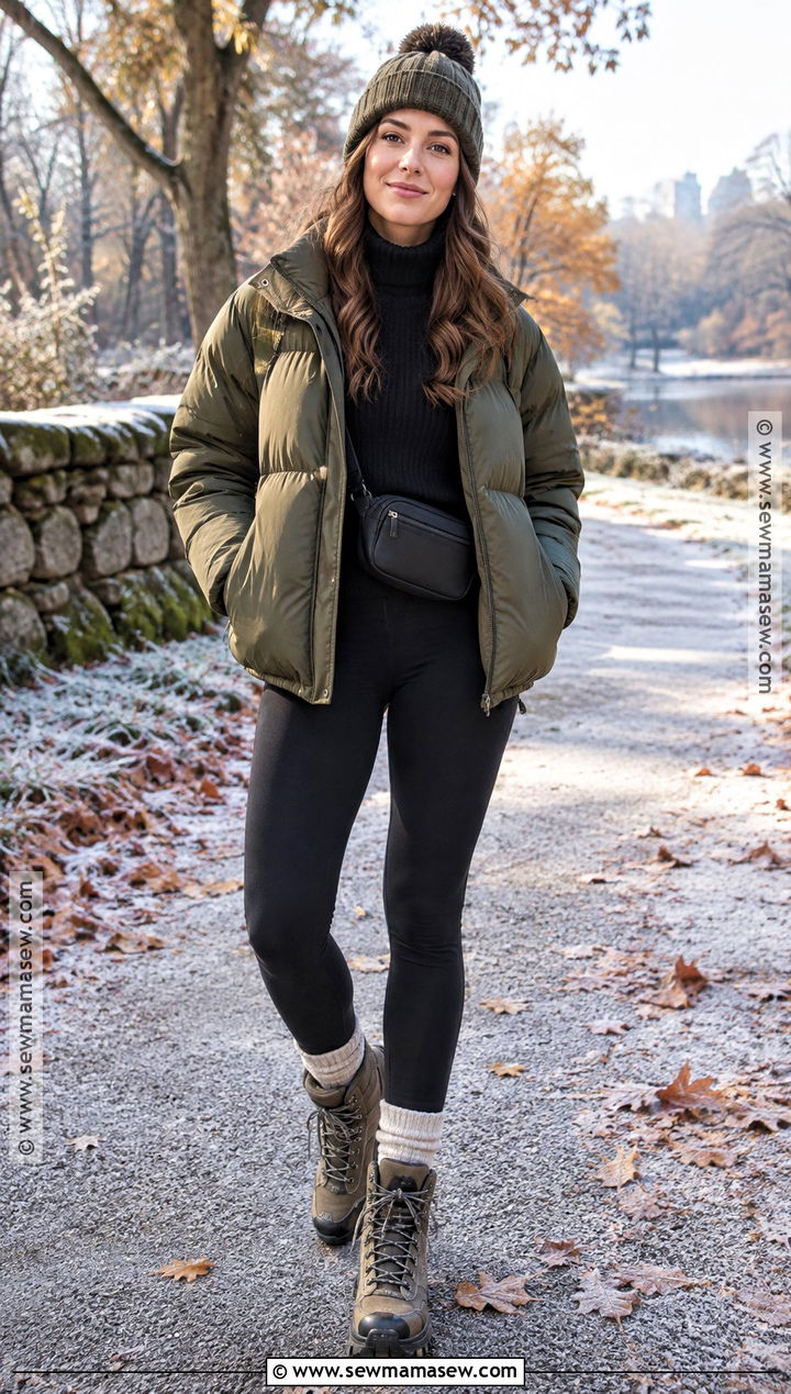 Puffer Jacket Turtleneck Leggings and Hiking Boots - 20 cold fall day outfit ideas
