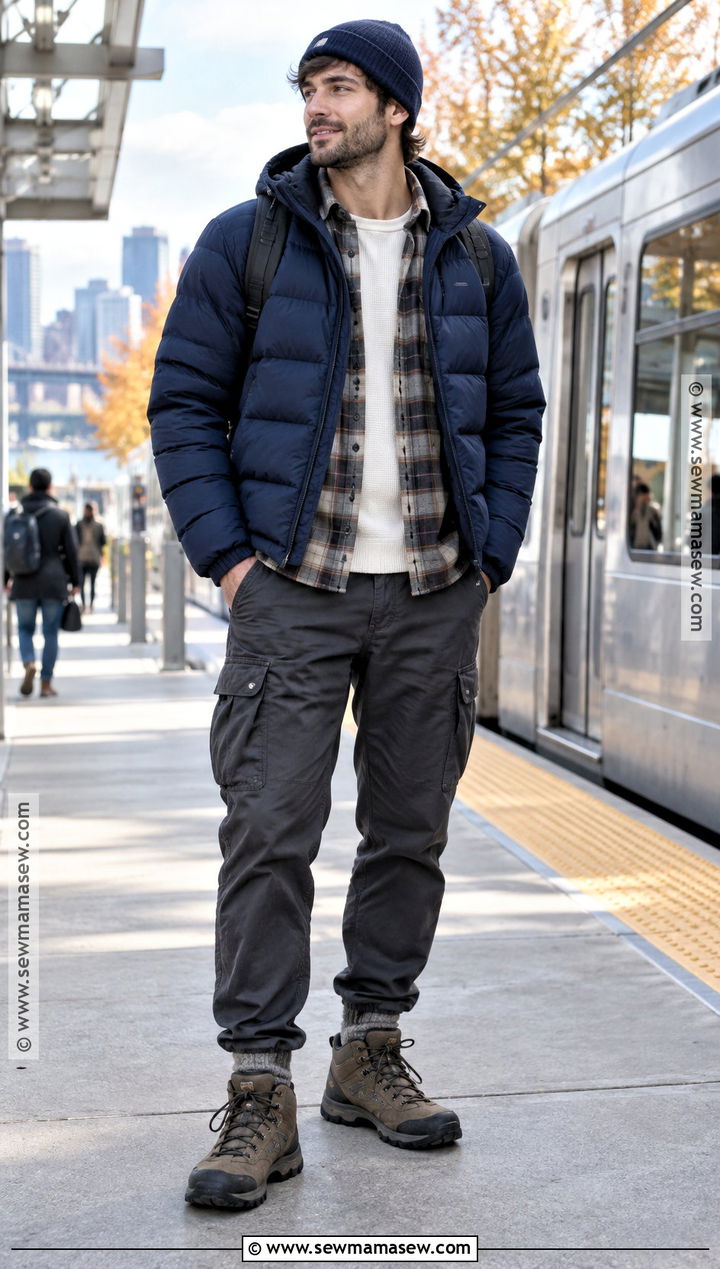 Puffer Jacket With Flannel Shirt And Cargo Pants - 20 autumn male outfit ideas