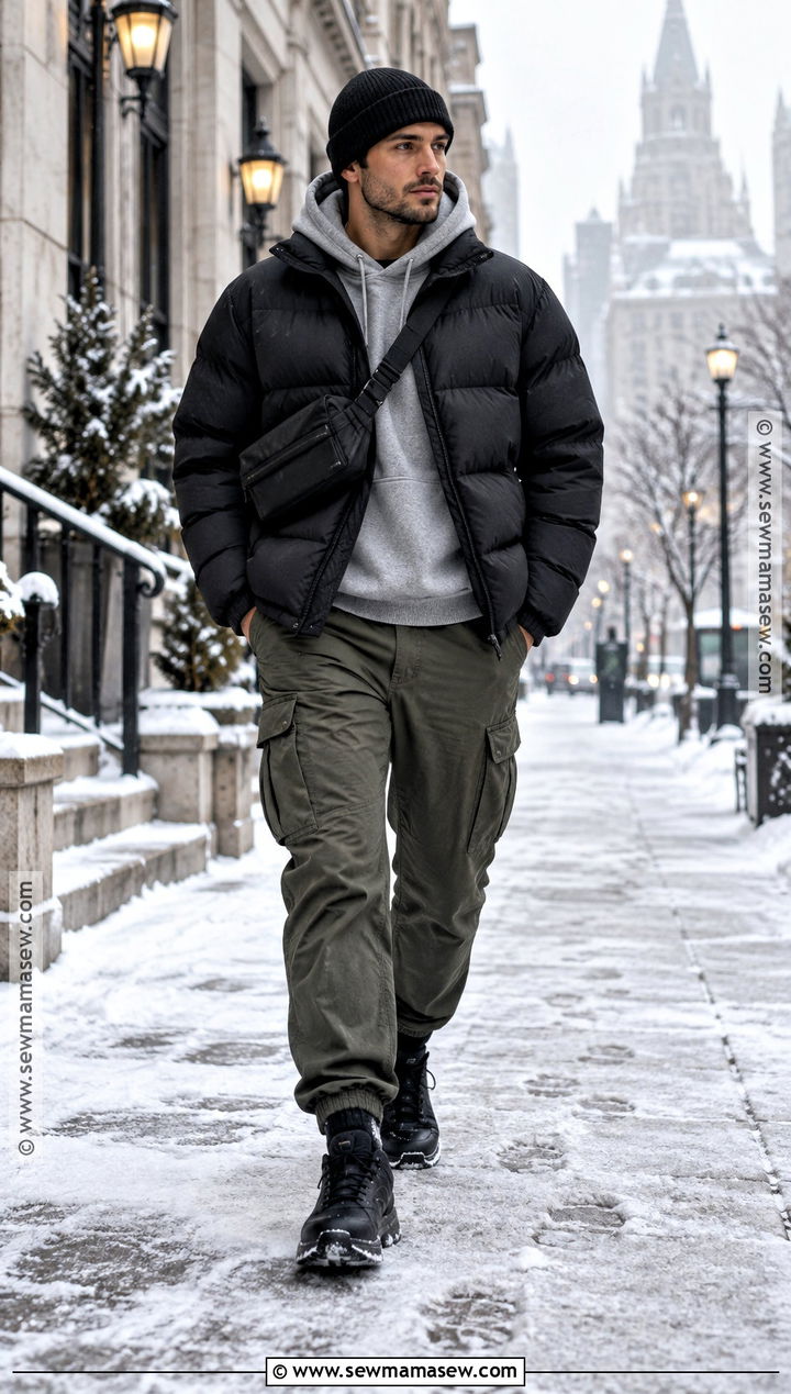 Puffer Jacket With Hoodie And Cargo Pants - 20 fall winter outfits for men