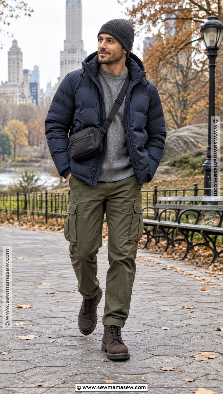 Puffer Jacket With Knit Sweater And Cargo Pants - 20 Mens Fall Style Ideas