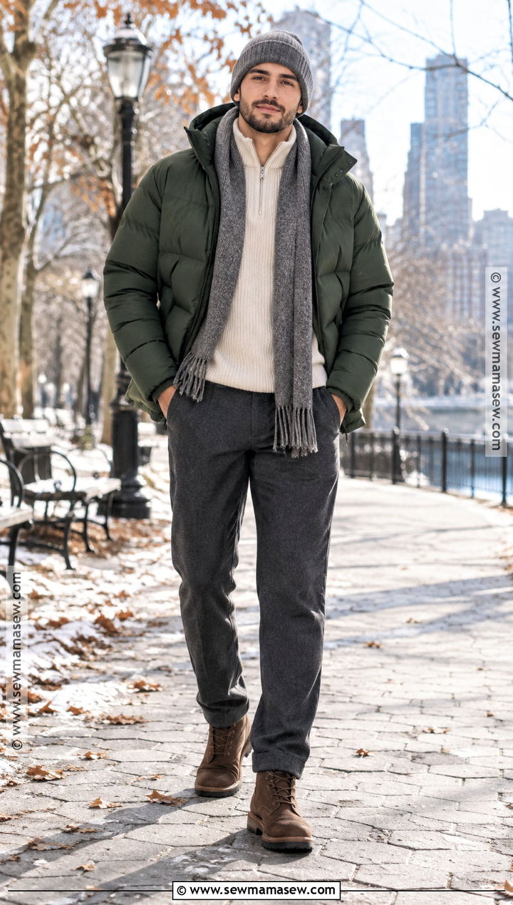 Puffer Jacket With Sweater And Wool Trousers - 20 mens outfits autumn