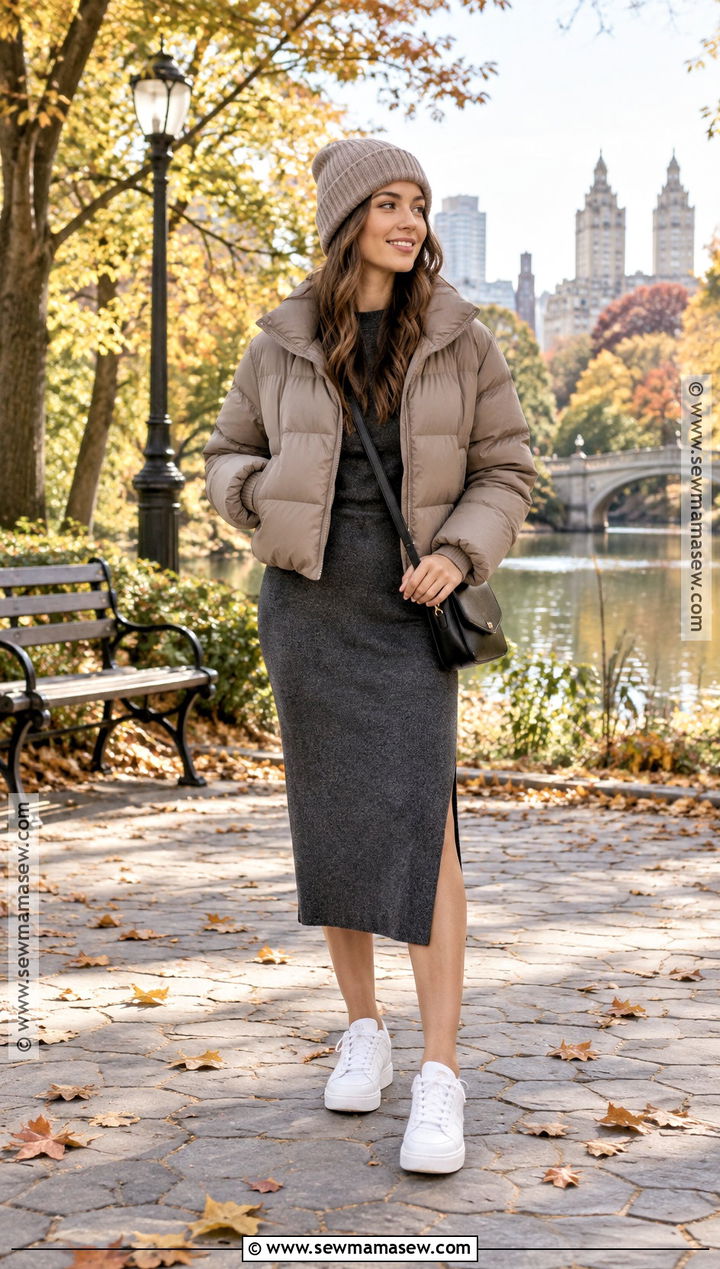 Puffer Jacket With Sweater Dress And Sneakers - 20 autumn coats and jackets
