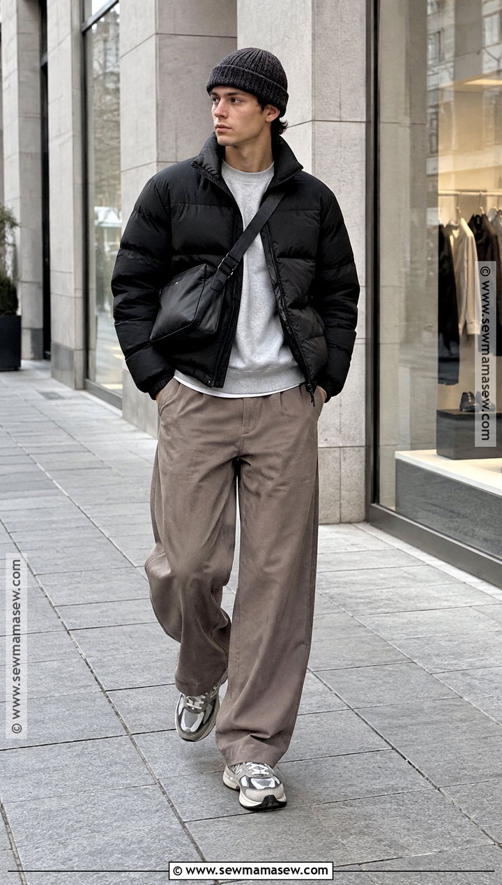 Puffer Jacket With Sweatshirt and Wide Leg Pants - 20 fit inspo men autumn ideas