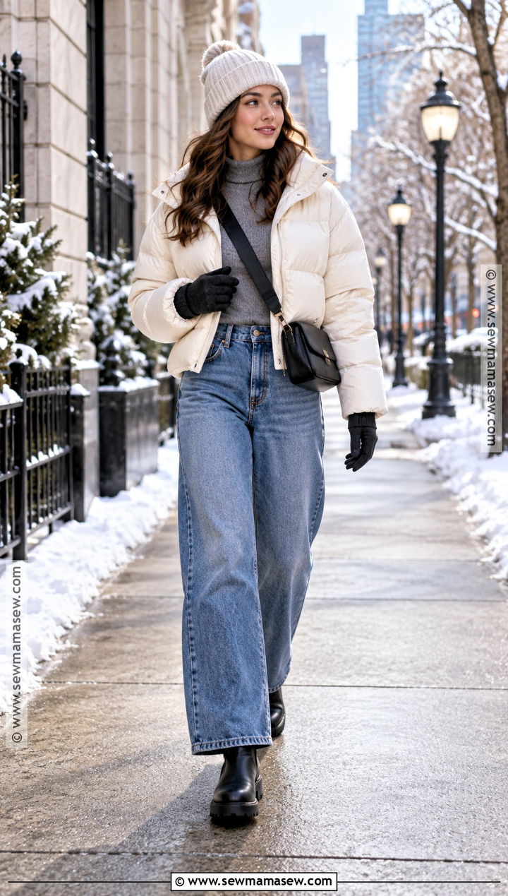 Puffer Jacket With Wide Leg Jeans Outfit - 15 Fall Winter Fashion Outfits 2026