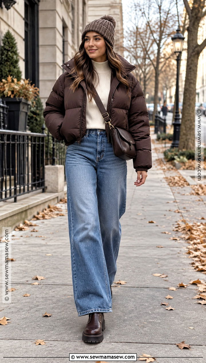 Puffer Jacket With Wide Leg Jeans - 20 fall outfits with jackets