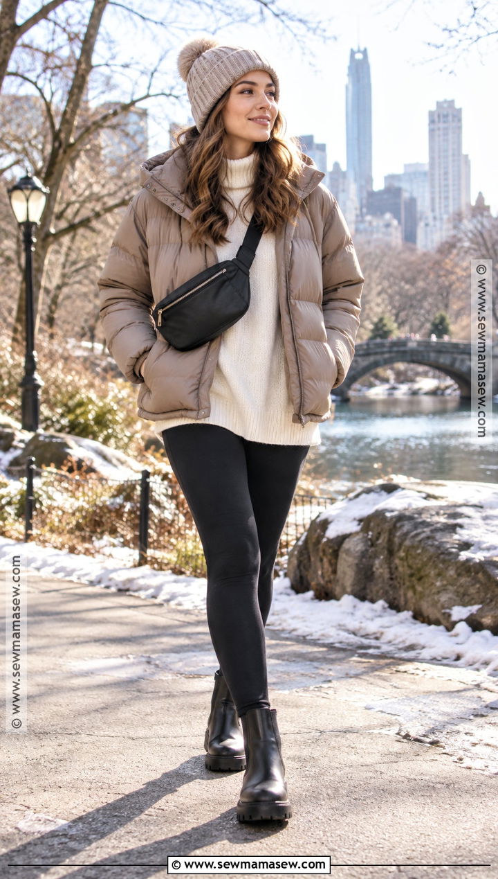 Puffer Jacket and Black Leggings Outfit - 25 winter autumn outfits