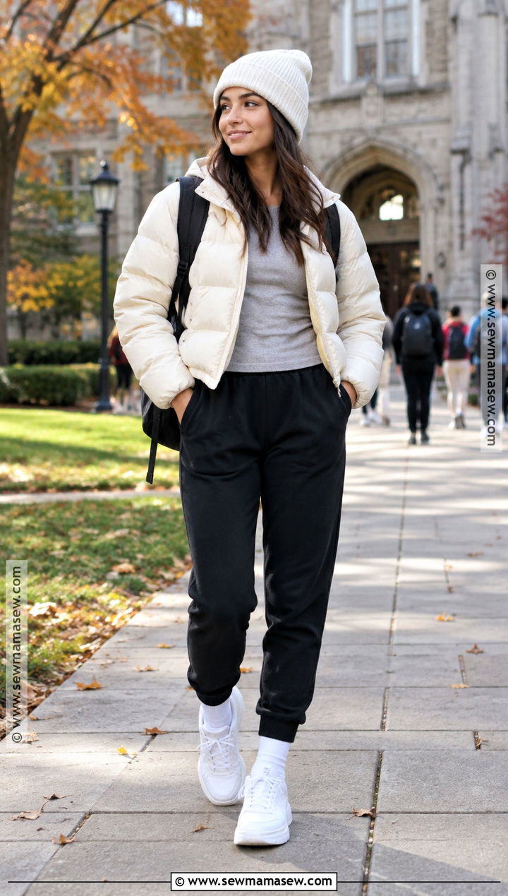 Puffer Jacket and Joggers Fall School Outfit - 25 outfit ideas autumn school