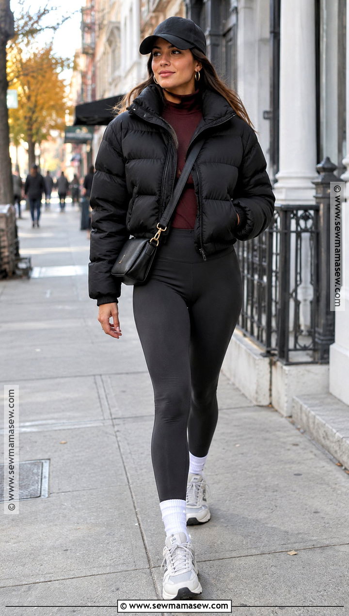 Puffer Jacket and Leggings New York Fall Outfit - 20 New York Aesthetic Outfits Fall