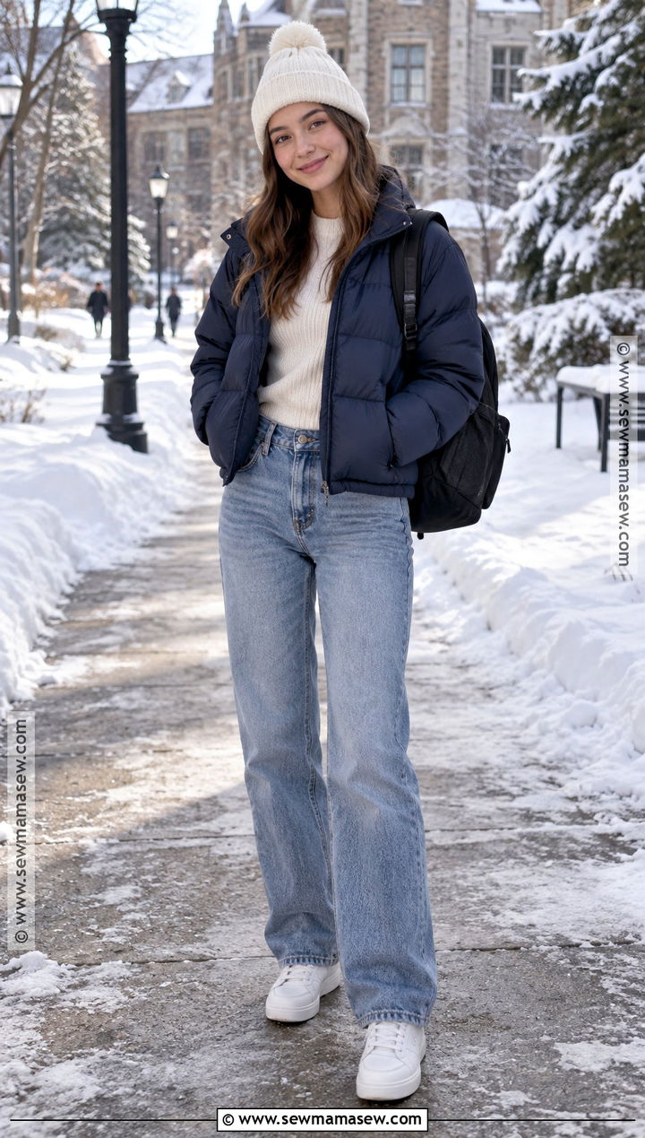 Puffer Jacket and Straight Leg Jeans Winter School Outfit - 20 winter back to school outfits