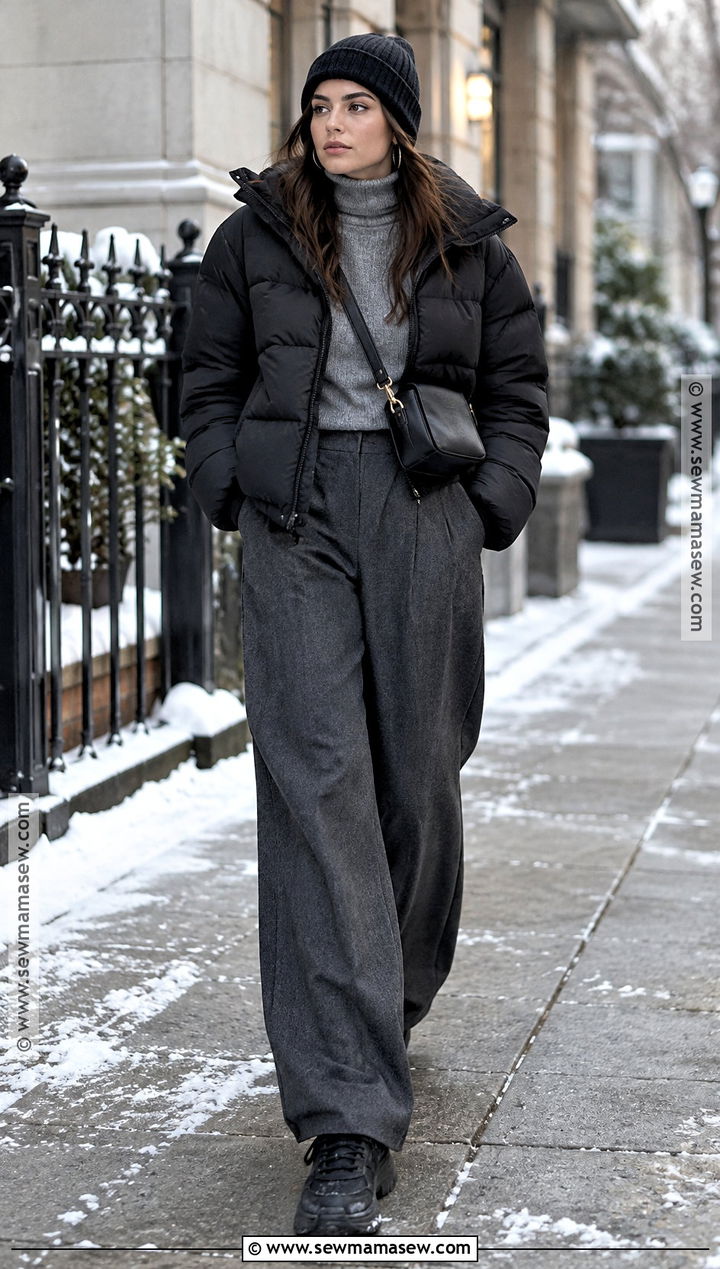 Puffer Jacket and Wide Leg Trousers Outfit - 20 winter inspo outfits fall street styles