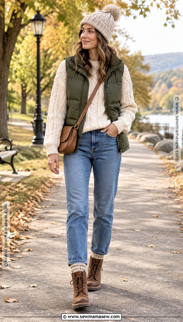 Puffer Vest And Cable Knit Sweater Fall Outfit - 20 pretty outfits fall