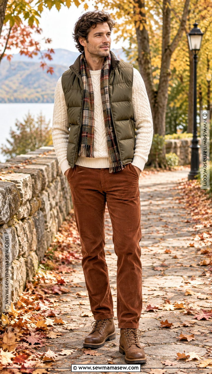 Puffer Vest And Corduroy Pants Fall Outfit - 15 Fall Fits Men Aesthetic
