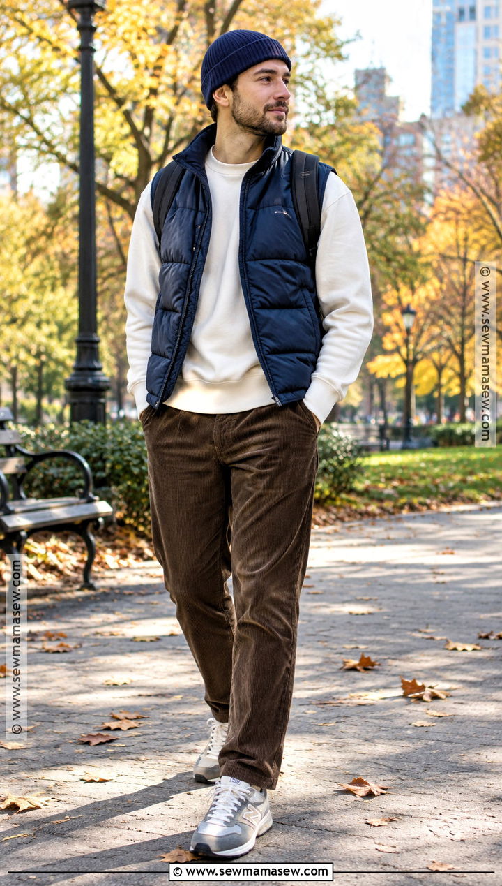 Puffer Vest And Corduroy Pants Fall Street Outfit - 15 casual men fall outfits street styles