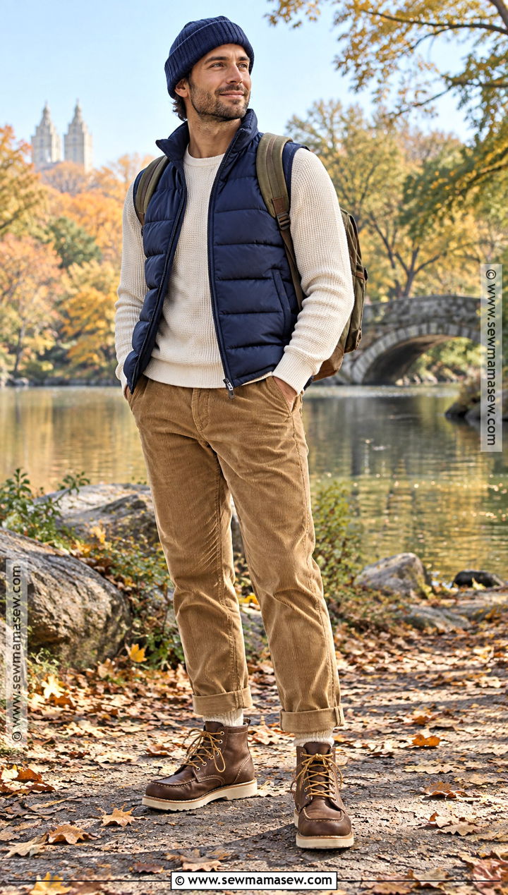 Puffer Vest And Corduroy Pants Outfit - 15 fall male fashion ideas