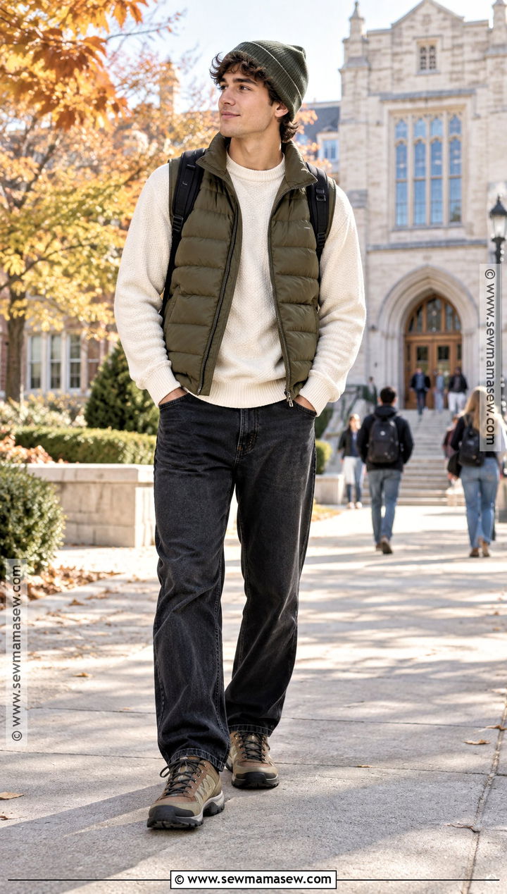 Puffer Vest And Crewneck Sweater Autumn Uni Outfit - 25 autumn uni outfits