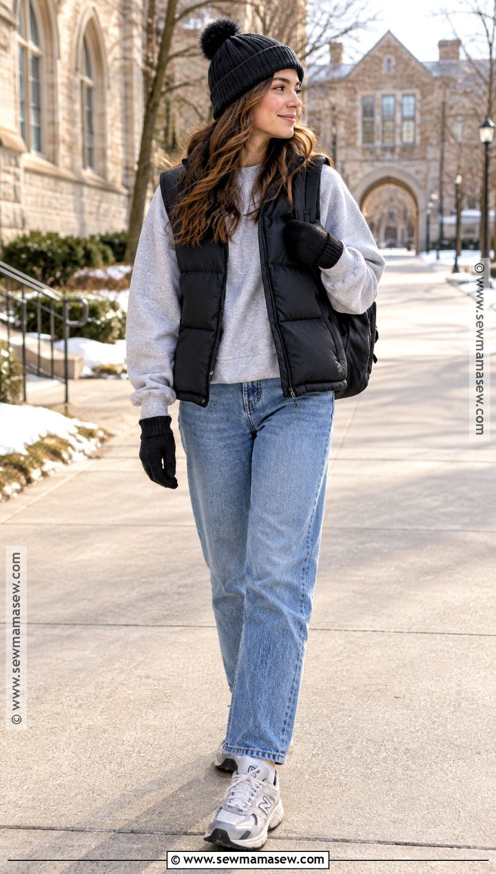 Puffer Vest And Crewneck Sweatshirt Winter School Outfit - 15 winter outfits back to school