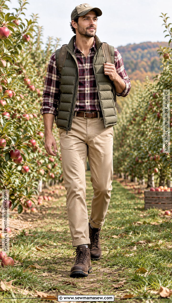 Puffer Vest And Flannel Apple Orchard Outfit - 15 apple orchard outfit fall ideas for men