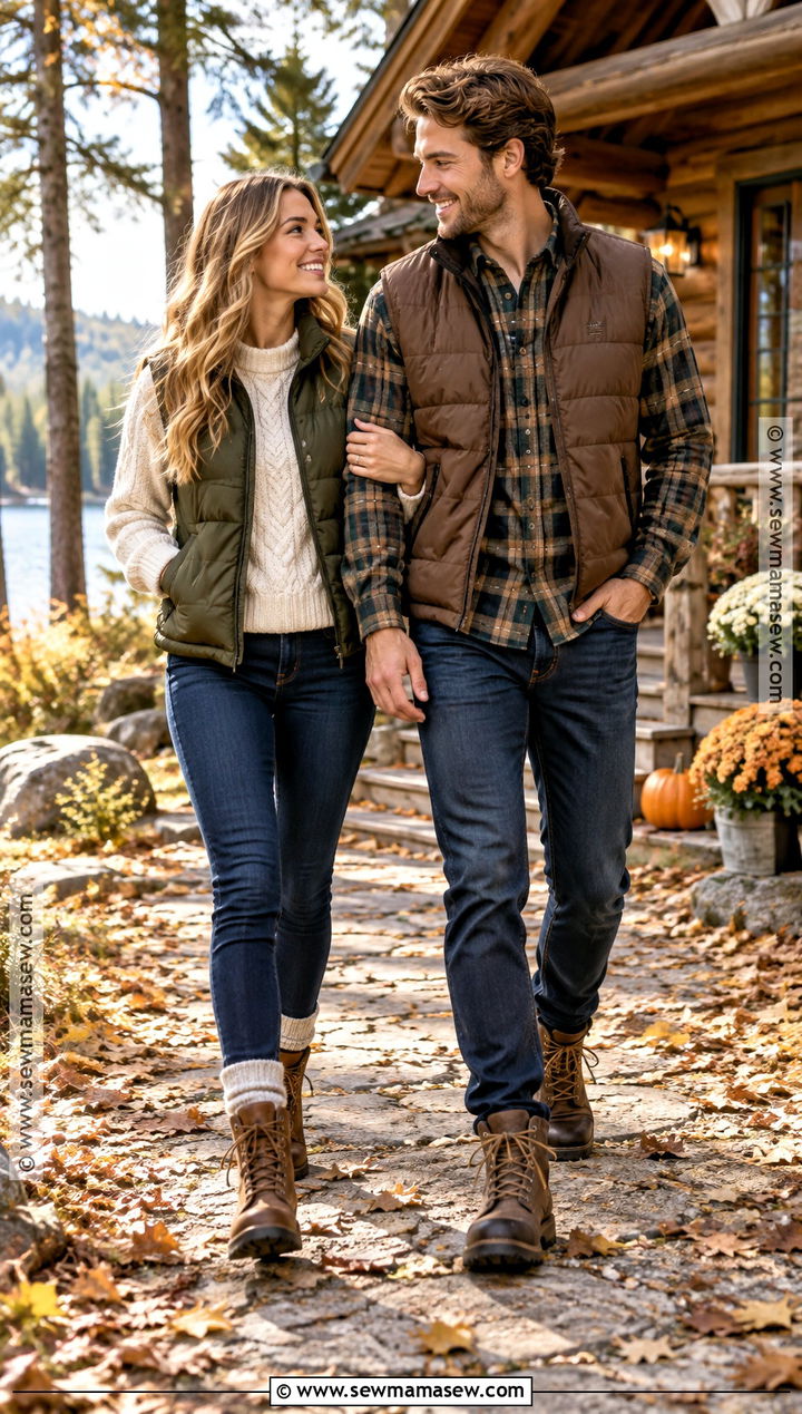 Puffer Vest And Flannel Couple Thanksgiving Outfit - 15 cute couple thanksgiving outfits