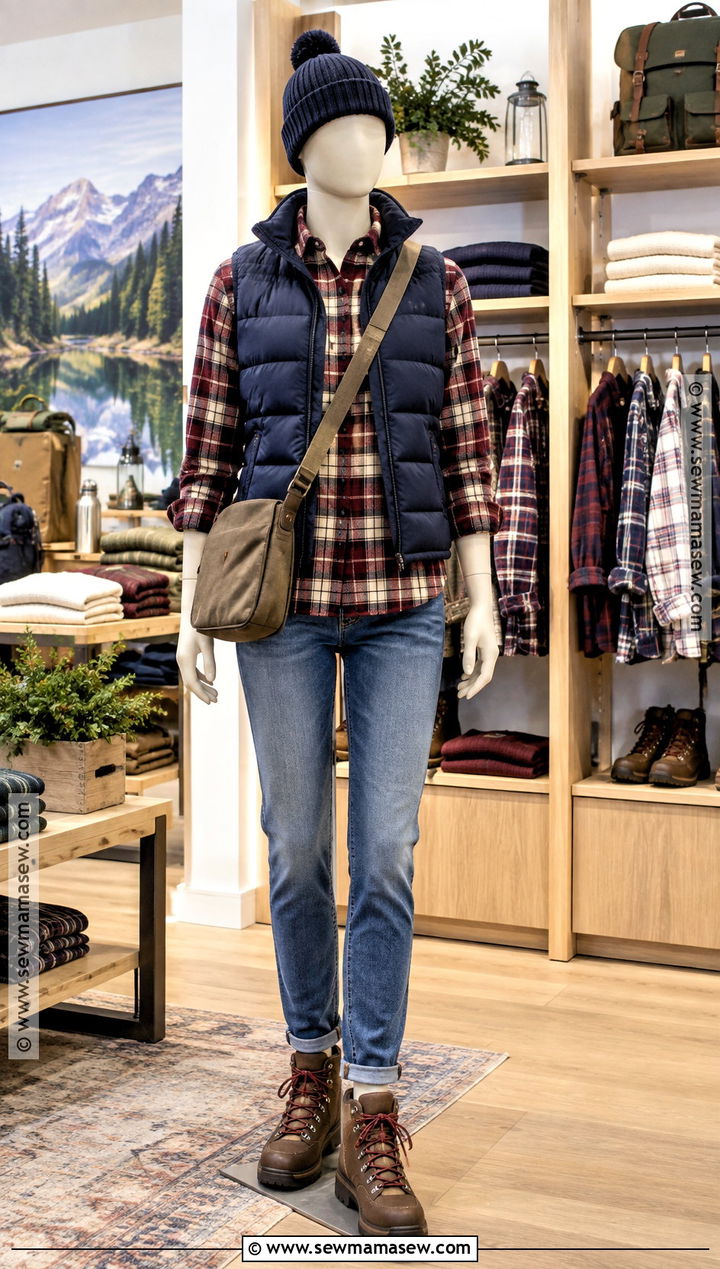 Puffer Vest And Flannel Fall Clothing Display - 15 Cozy Fall Clothing Display Ideas