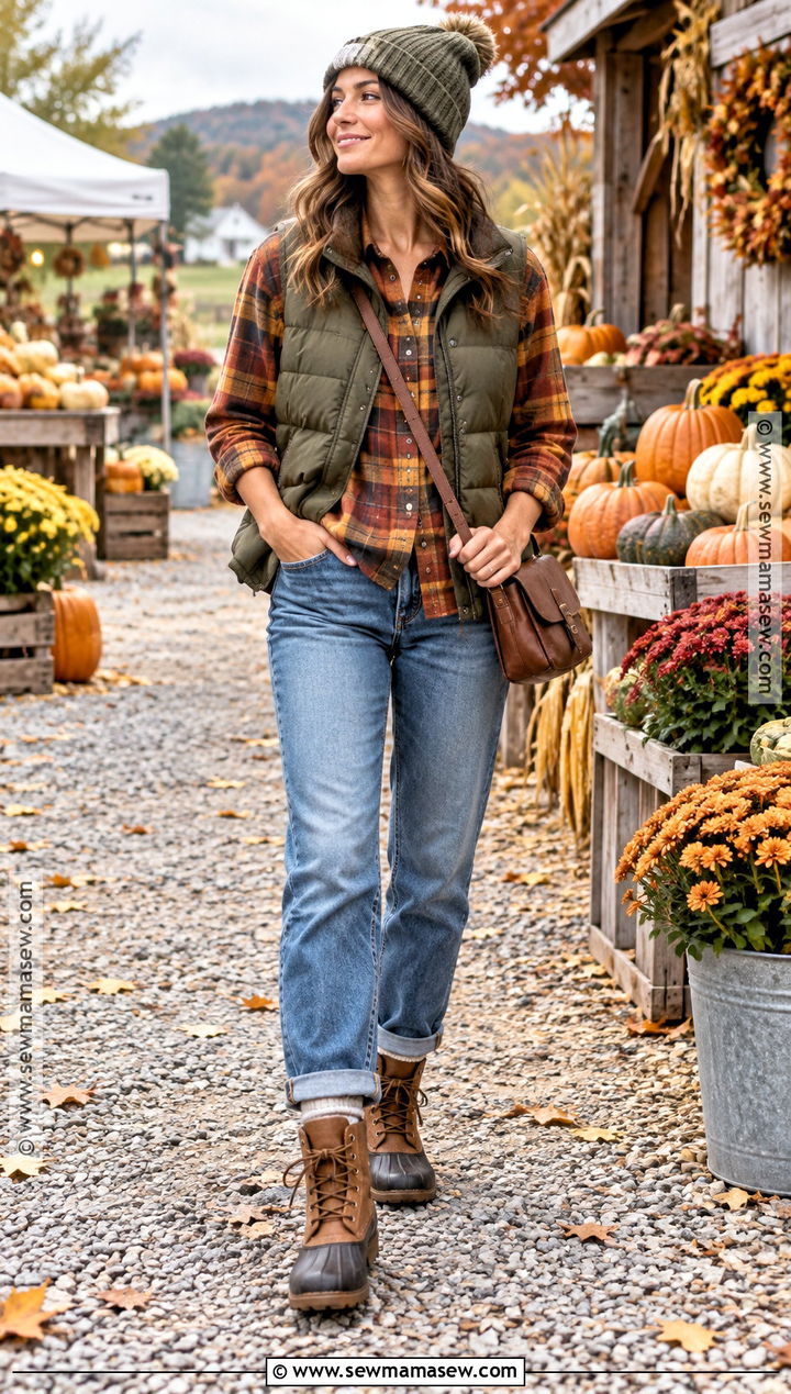 Puffer Vest And Flannel Shirt Autumn Outfit - 30 warm autumn outfits