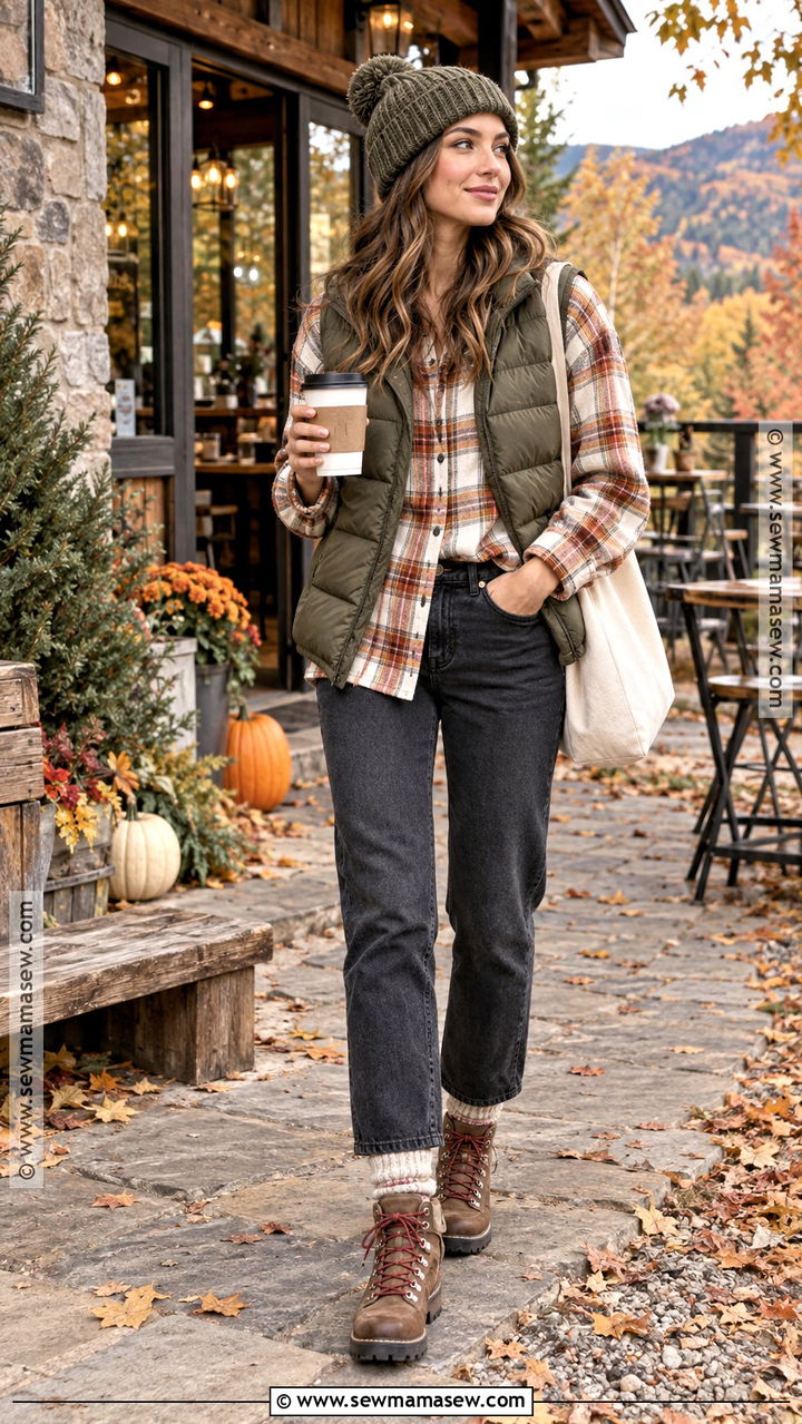 Puffer Vest And Flannel Shirt Coffee Shop Outfit - 20 Fall Coffee Shop Outfit Ideas