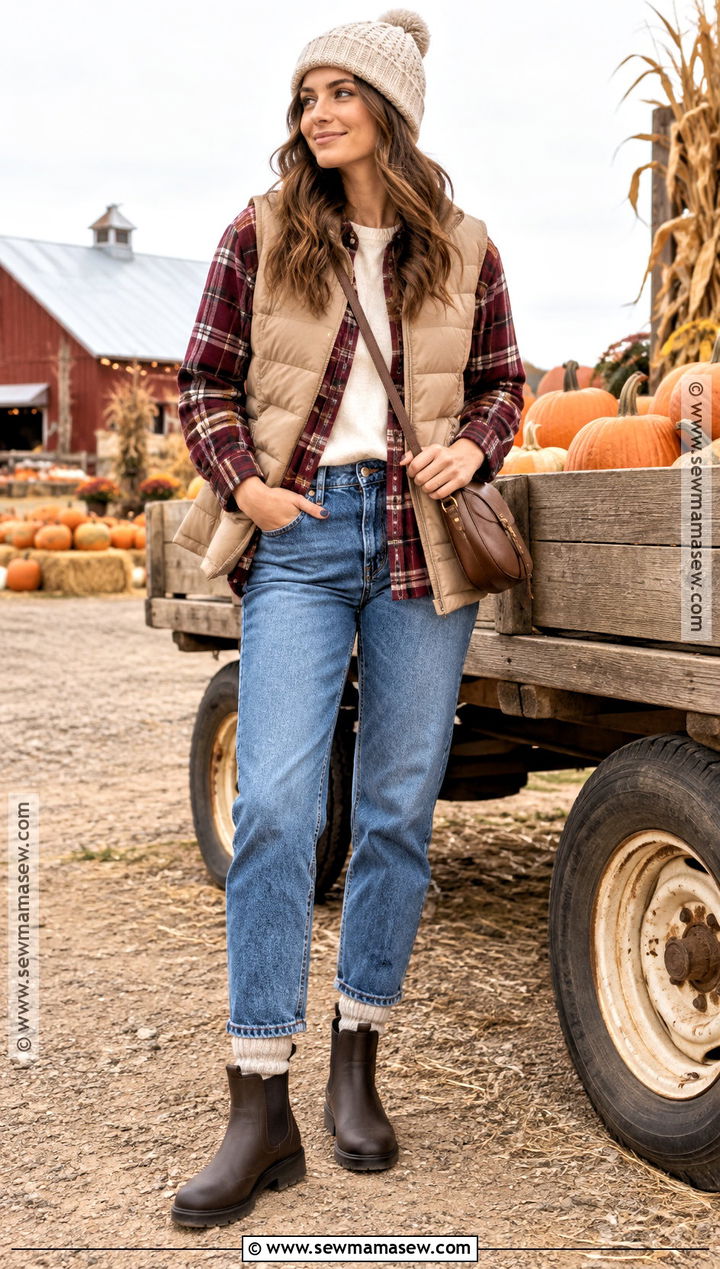 Puffer Vest And Flannel Shirt Pumpkin Patch Outfit - 20 Pumpkin Patch Aesthetic Outfits
