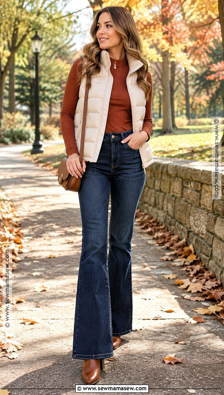Puffer Vest And Flare Jeans Outfit - 15 fall fashion 2420 ideas