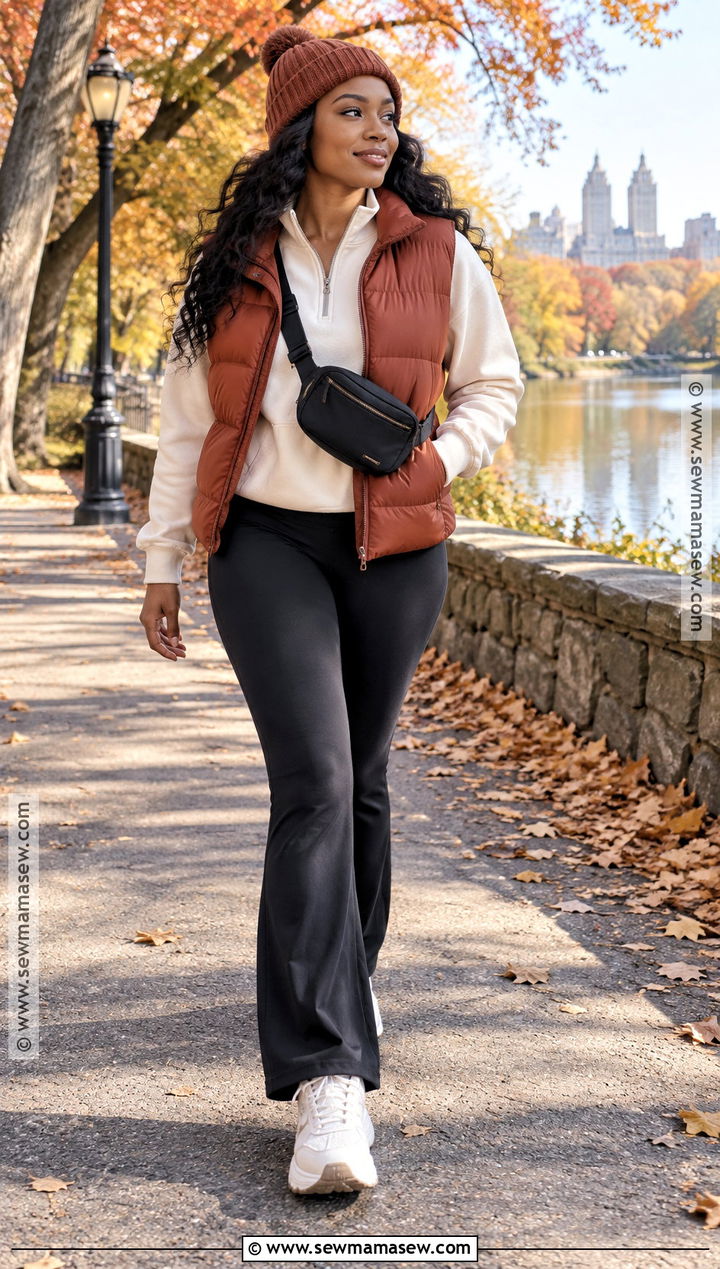 Puffer Vest And Flared Leggings Fall Outfit - 20 cozy fall outfits for black women