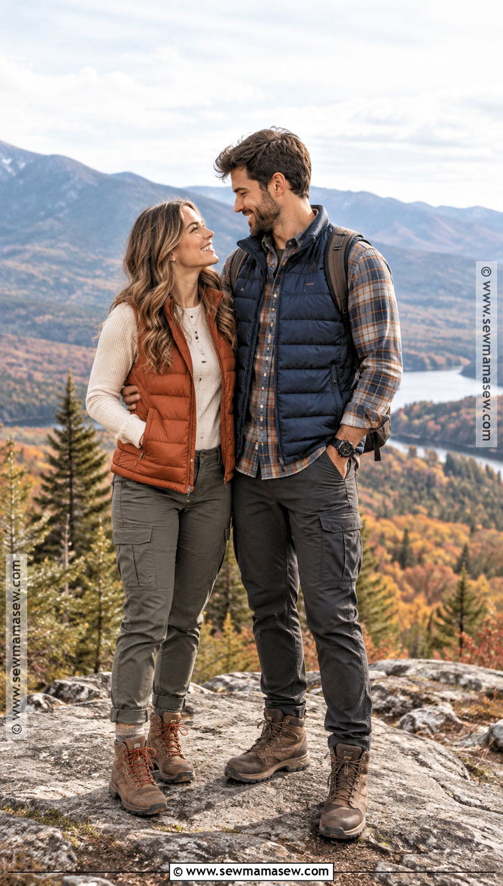 Puffer Vest And Hiking Boots Couples Fall Photoshoot Outfit - 25 couples fall photoshoot outfits