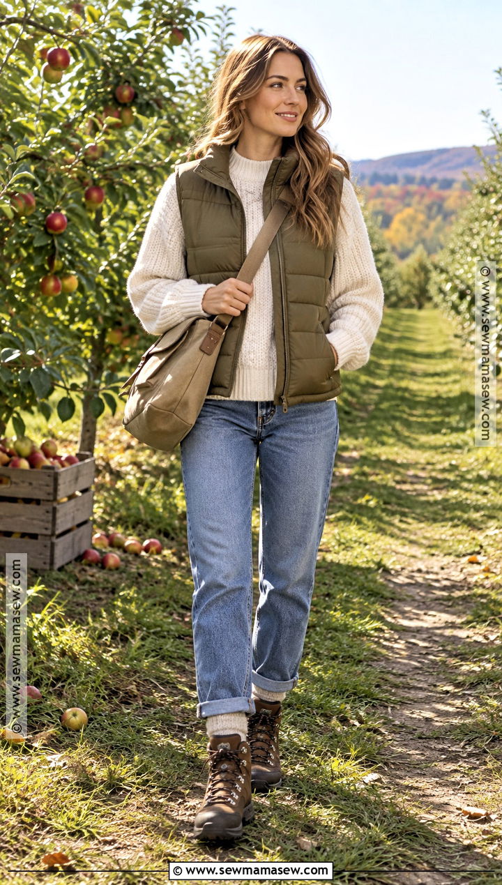 Puffer Vest And Jeans With Brown Hiking Boots - 20 fall outfits with brown boots