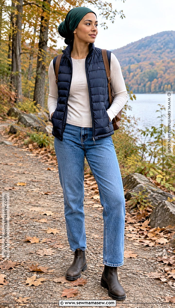 Puffer Vest And Jeans With Headwrap - 15 Fall Headwrap Outfit Ideas